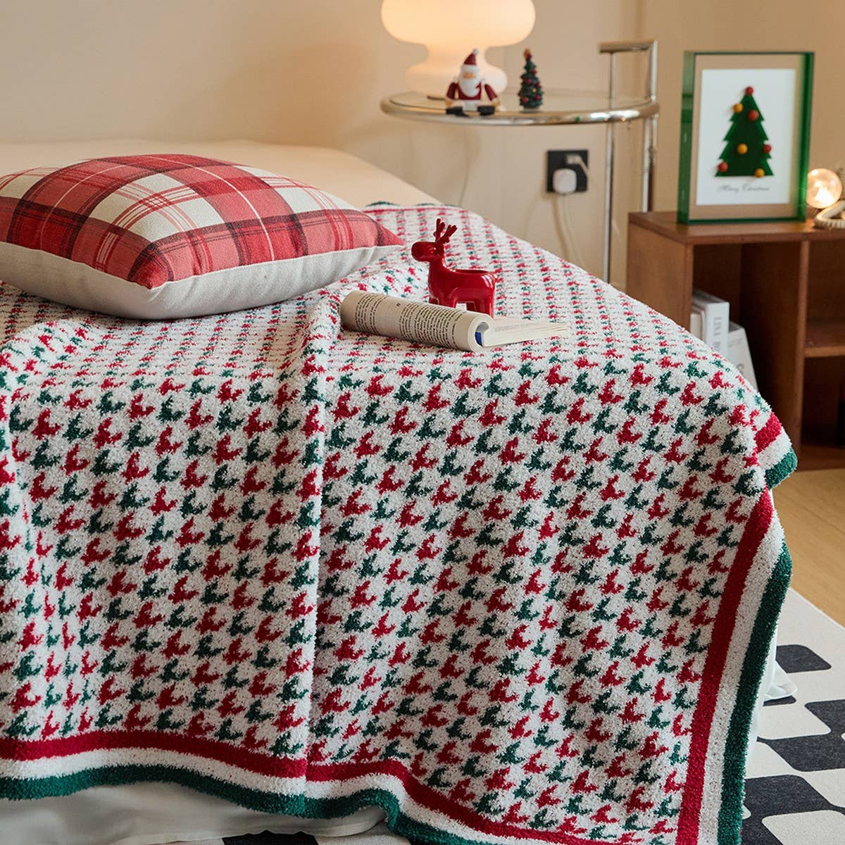 NEW RETRO CHRISTMAS HOUNDSTOOTH KNITTED BLANKET