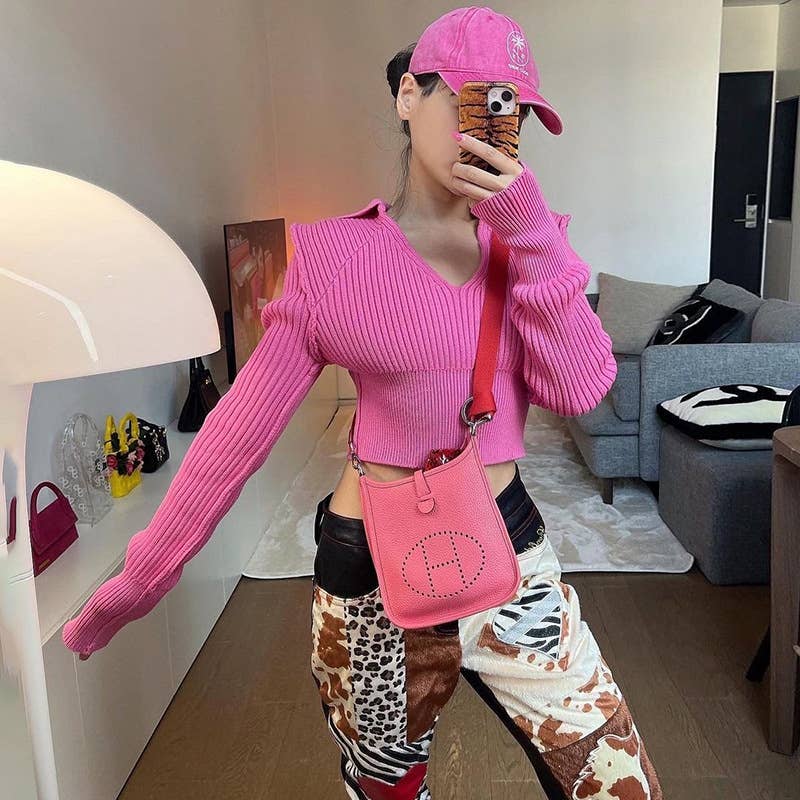 LONG SLEEVE LAPEL SOLID COLOR SLIM CROP KNIT TOP