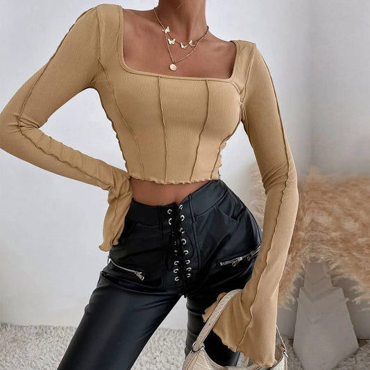 SLIM-FIT SQUARE COLLAR PULLOVER KNITTED TOP