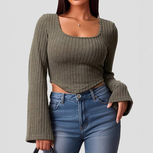 SEXY SLIM  COLLAR SOLID COLOR FLARED SLEEVE TOP