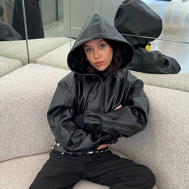 STREET PU LEATHER HOODED SHORT LOOSE COAT