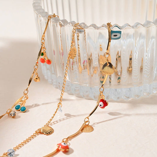 Beach Anklet with Cherry, Shell & Star Charms_CWAJE4609