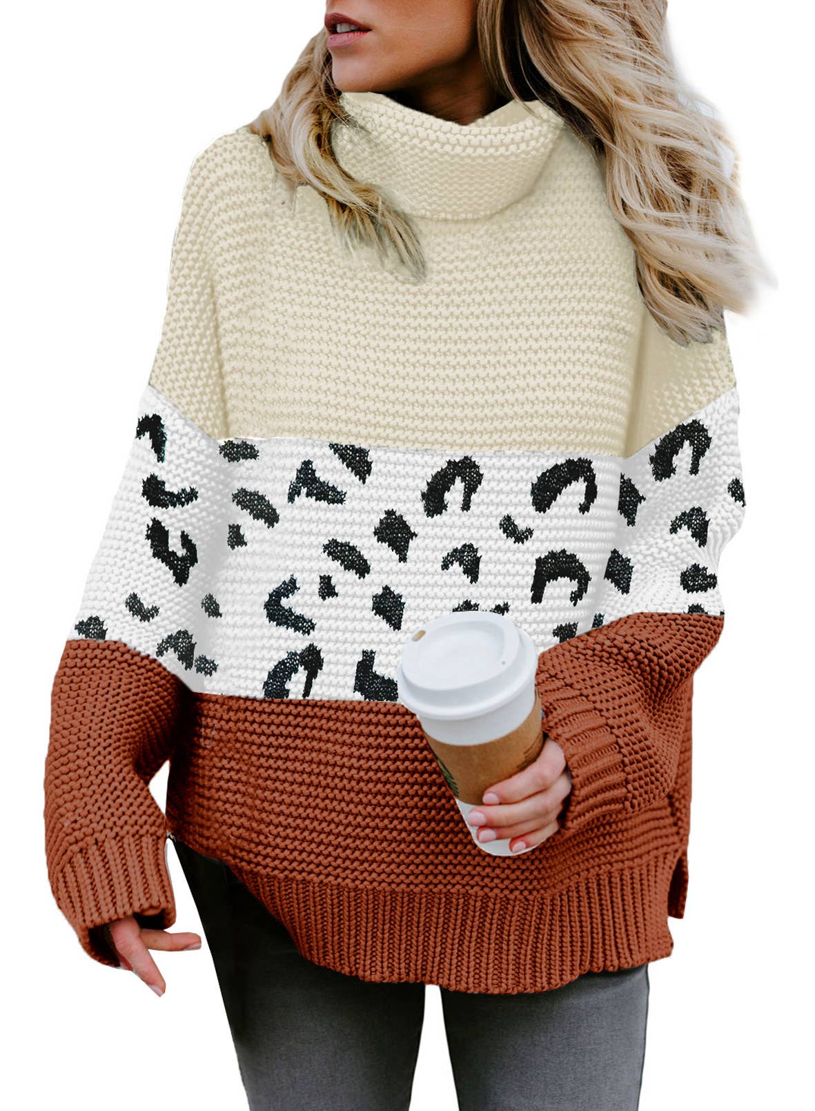Leopard print patchwork lazy loose fashion pullover sweater