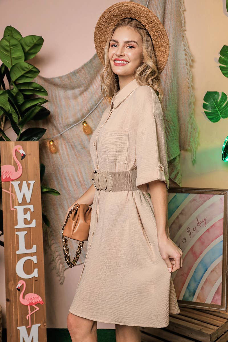 CWDSD10407_SHORT SLEEVE BUTTON DOWN MINI SHIRTS DRESS