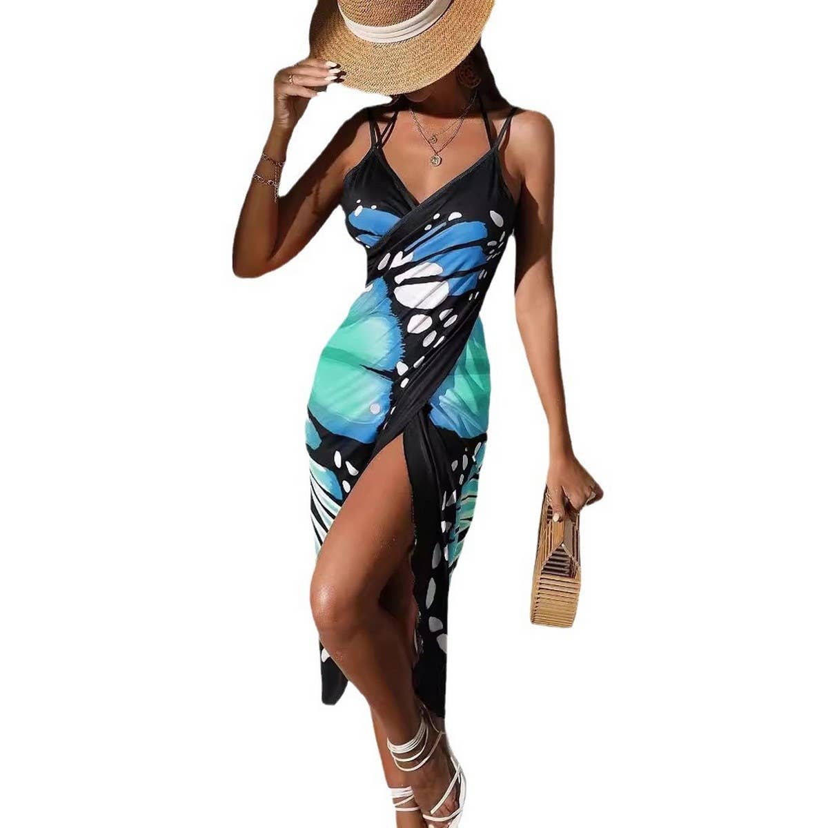3D Butterfly Print Beach Dress, Sling Resort Style_CWBLS0459