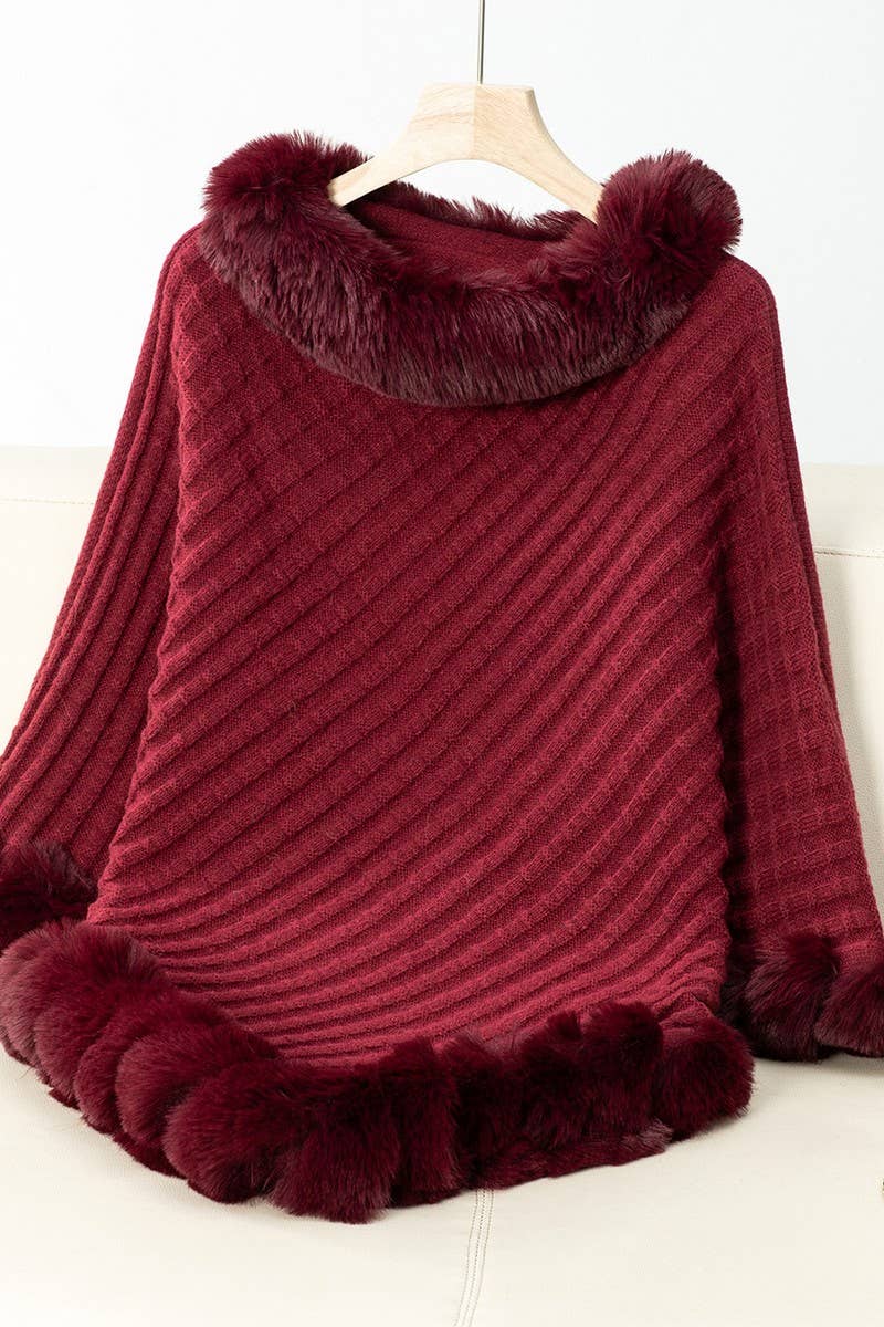 CWOCAS0045_THICK FUR COLLAR VINTAGE PLAID KNITTED CAPE SHAWL