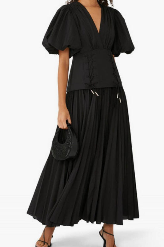 CWDMD5728_CASUAL SOLID COLOR V-NECK LACE-UP DRESS