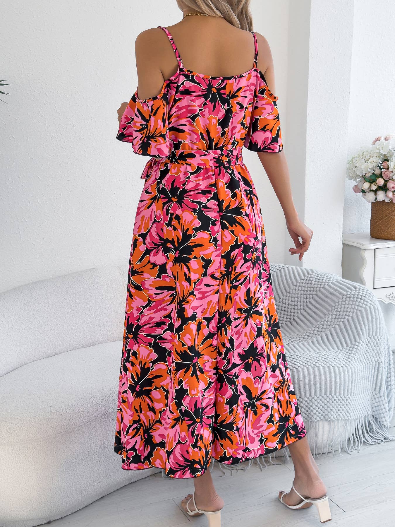 Off-the-shoulder cross-neck printed halter dress