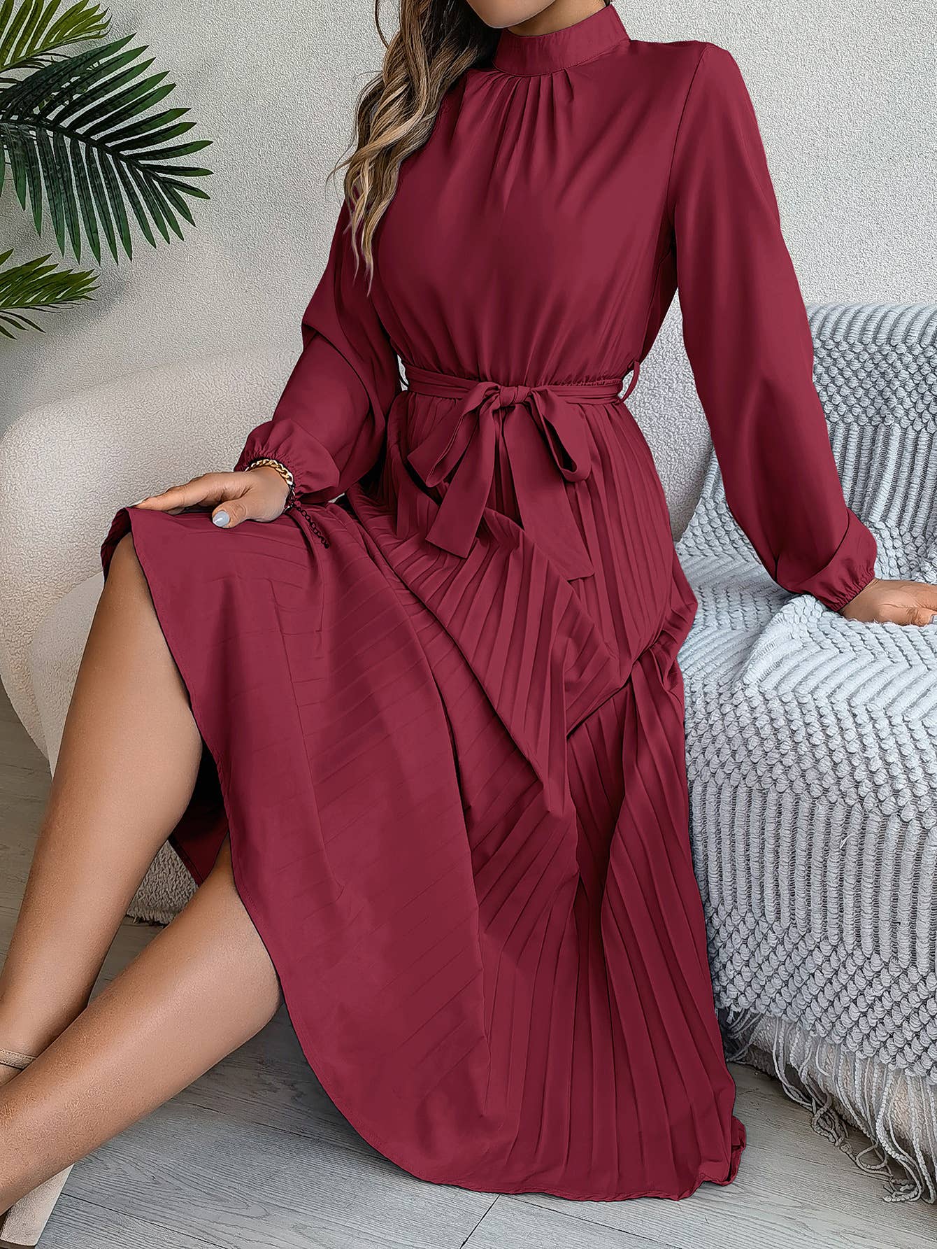 STANDING COLLAR LONG SLEEVE PLEATED LONG DRESS