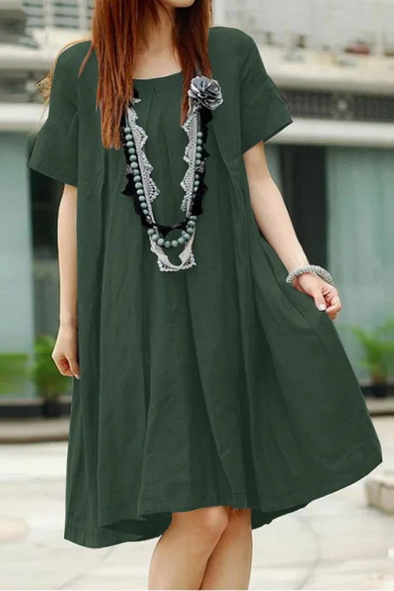 CWDSD5500_LOOSE PLEATED ROUND NECK SHORT SLEEVE DRESS