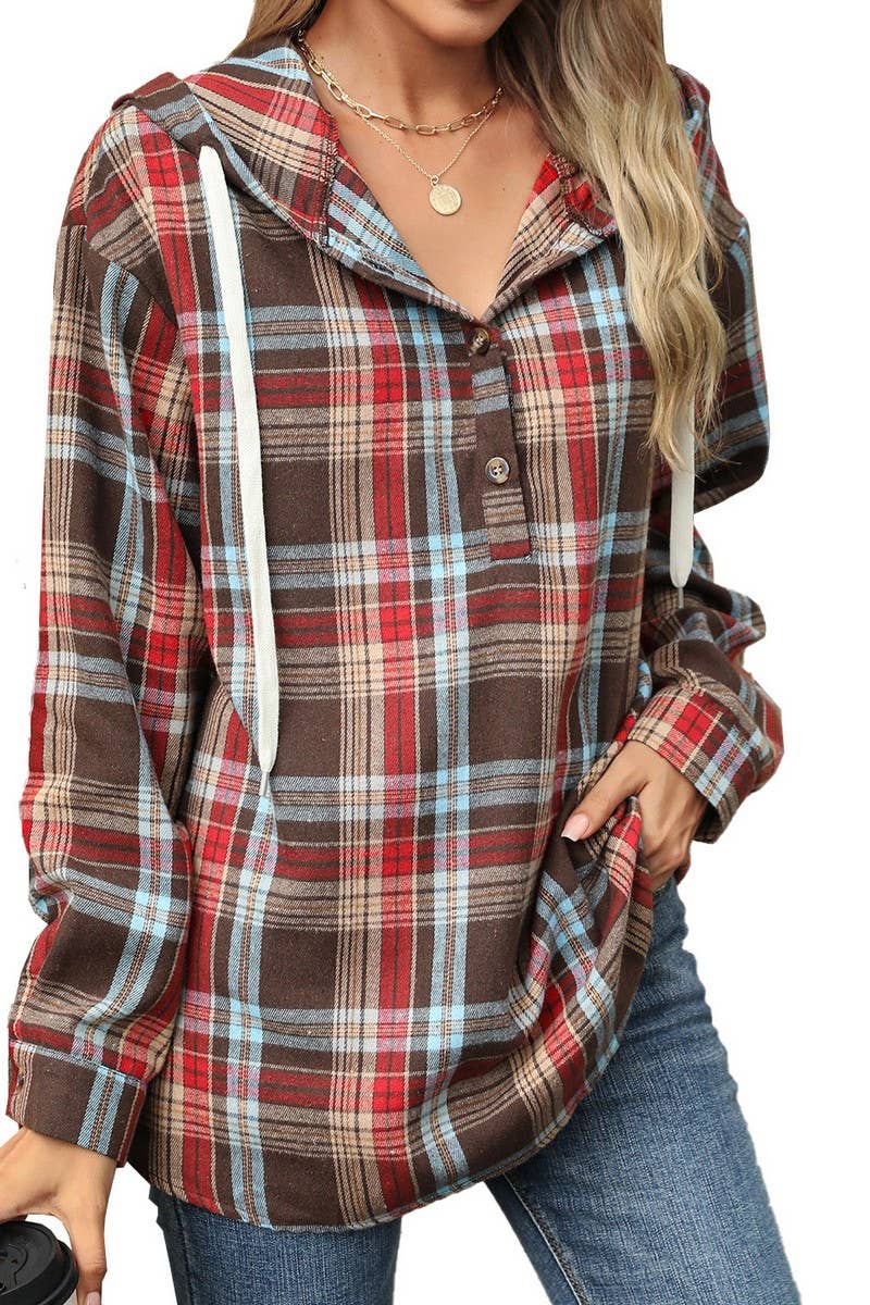 CWOHOL00663_PLAID DRAWSTRING HOODED LOOSE SWEATSHIRT