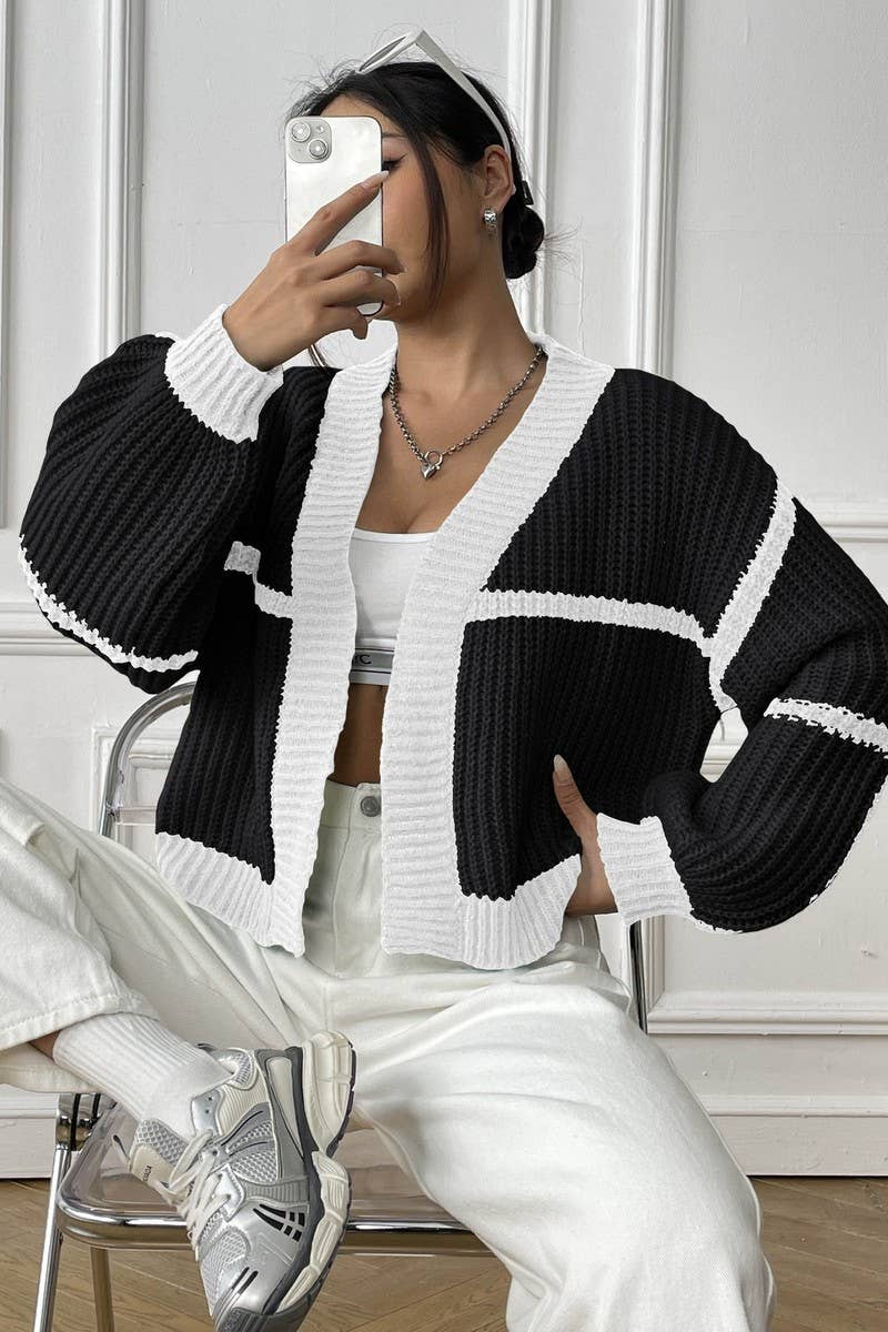 CWOSWL07344_WOMEN COLOR BLOCK KNIT CASUAL CARDIGAN