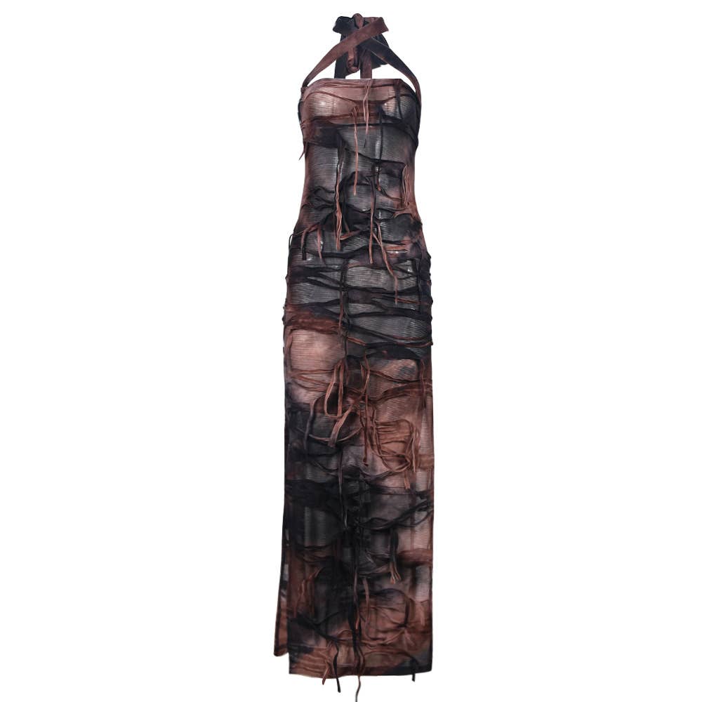 SEXY TIE-DYE FRINGE BEGGAR DRESS WITH SLIT