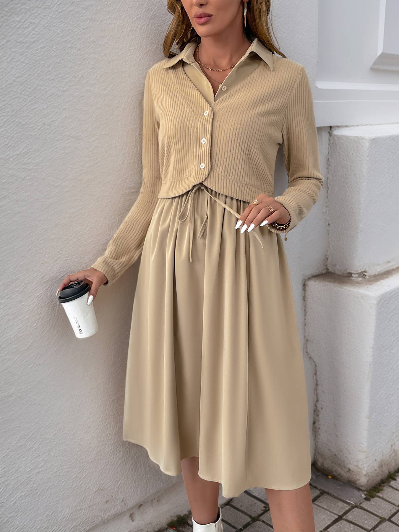 SOLID COLOR LAPEL LONG SLEEVE FAKE TWO DRESSES