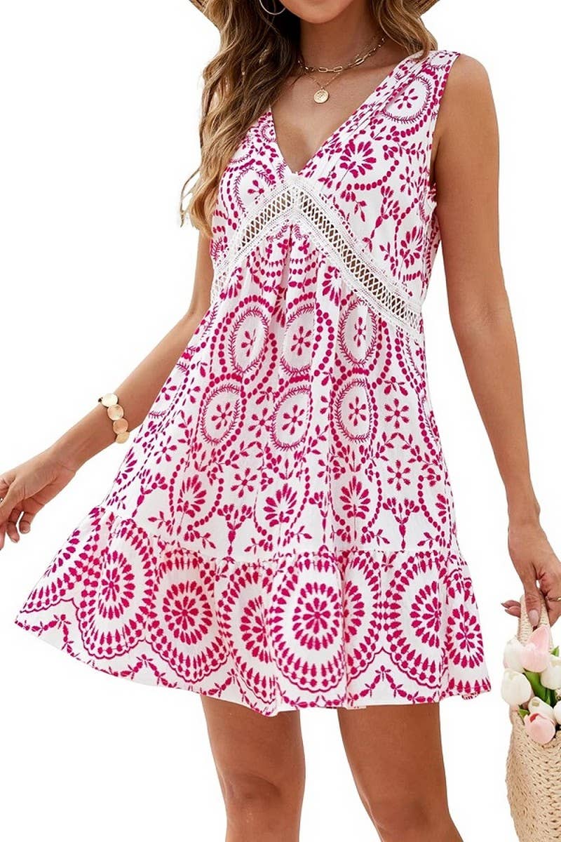 CWDSD8695_PRINTED EYELET LACE V-NECK SLEEVELESS DRESS