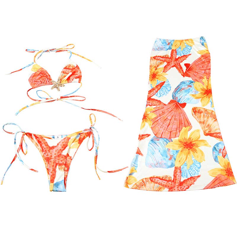 Sexy Tie Front Printed Bikini Three-Piece Set