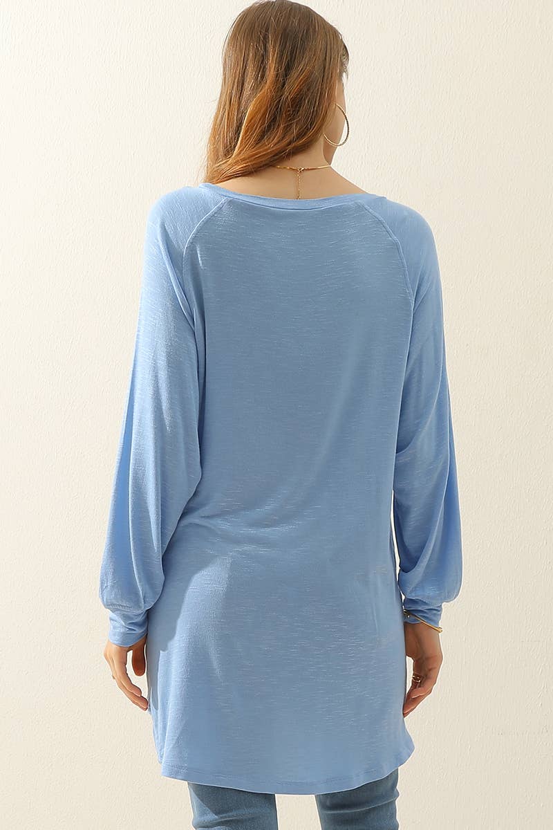 Cwttl1491_R Neck Long Sleeve Slub Long Knit Top With Pockets
