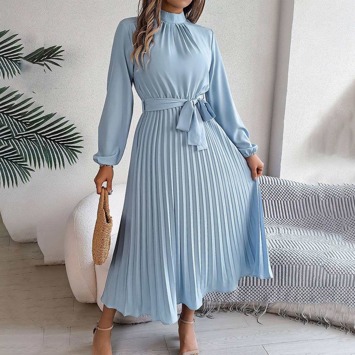 STANDING COLLAR LONG SLEEVE PLEATED LONG DRESS
