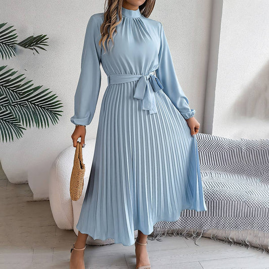 STANDING COLLAR LONG SLEEVE PLEATED LONG DRESS