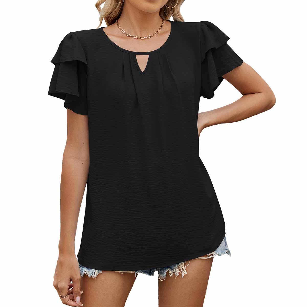 V-neck cutout double-sleeved chiffon T-shirt