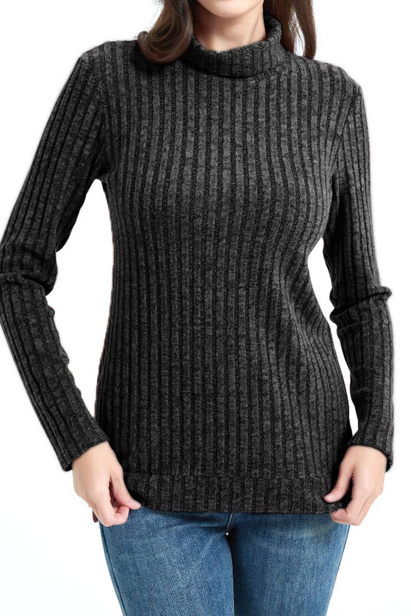 Stylish pit striped turtleneck solid color knitwear
