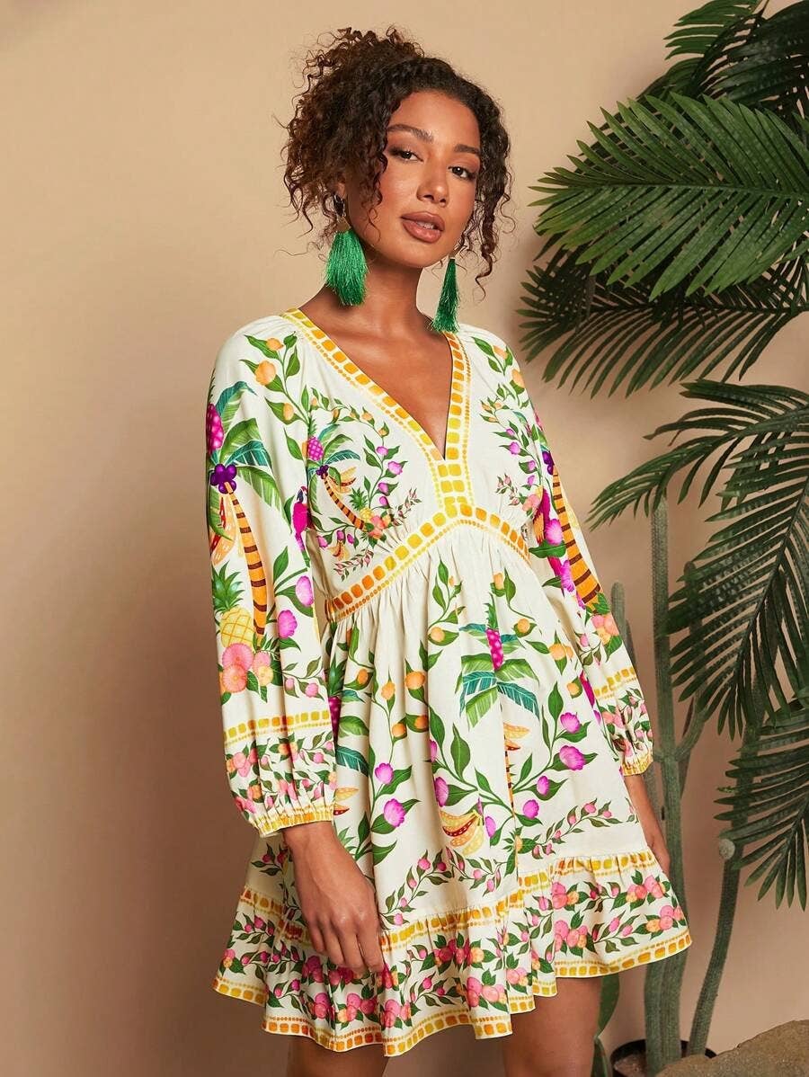 Bohemian V-Neck Three-Quarter Sleeve Mini Dress_Cwdsd8590