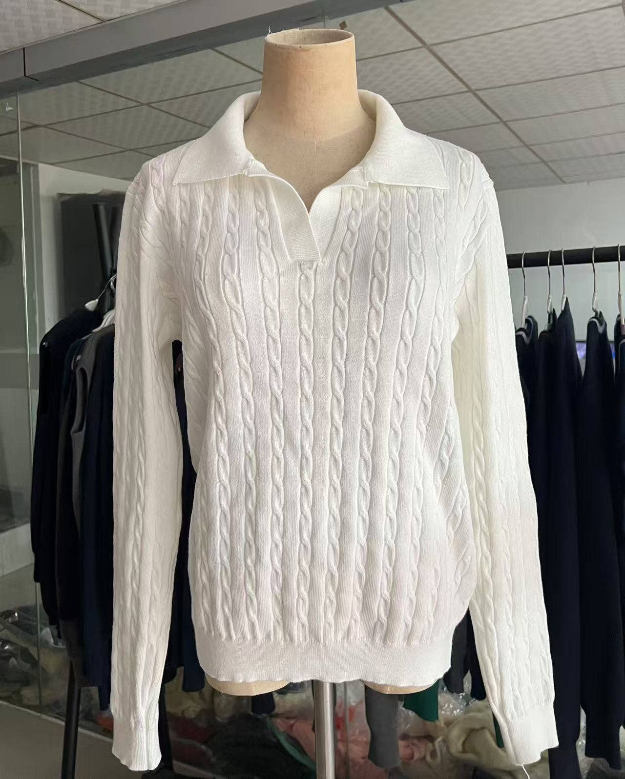 LAPEL V-NECK FLORAL KNIT PULLOVER CASUAL SWEATER