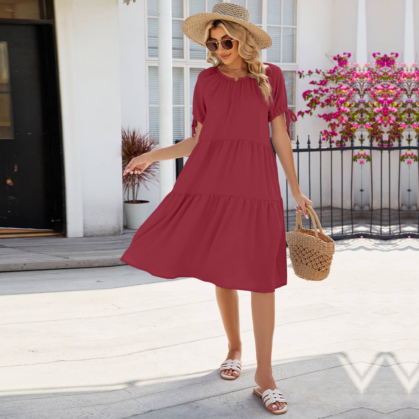 Solid color pleated short sleeve tie dress
