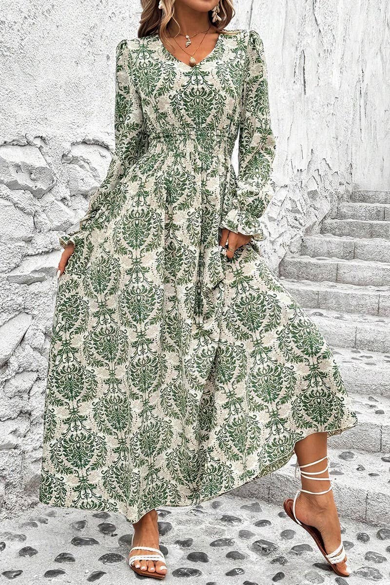 CWDMD4100_PRINTED V-NECK LONG-SLEEVED SWING DRESS