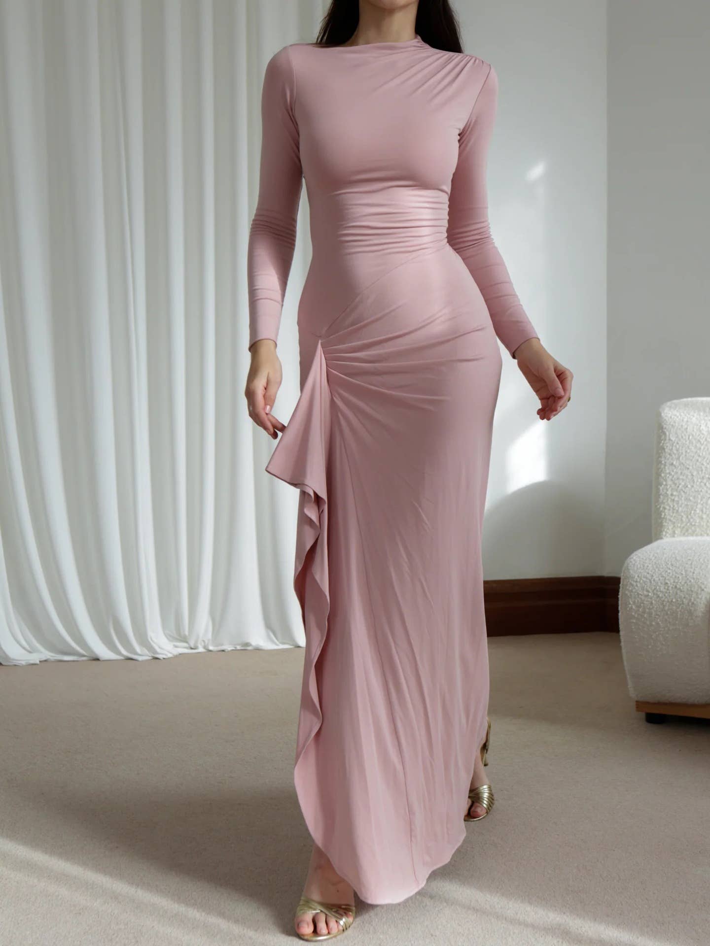 LONG SLEEVE SOLID COLOR IRREGULAR SHEATH DRESS