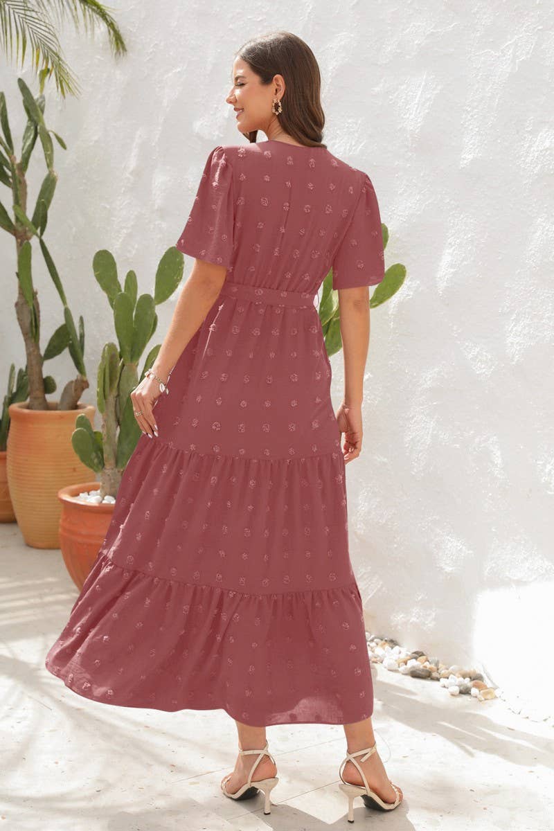 CWDMD2150_V NECK HIGH WAISTED SHORT SLEEVED LONG DRESS