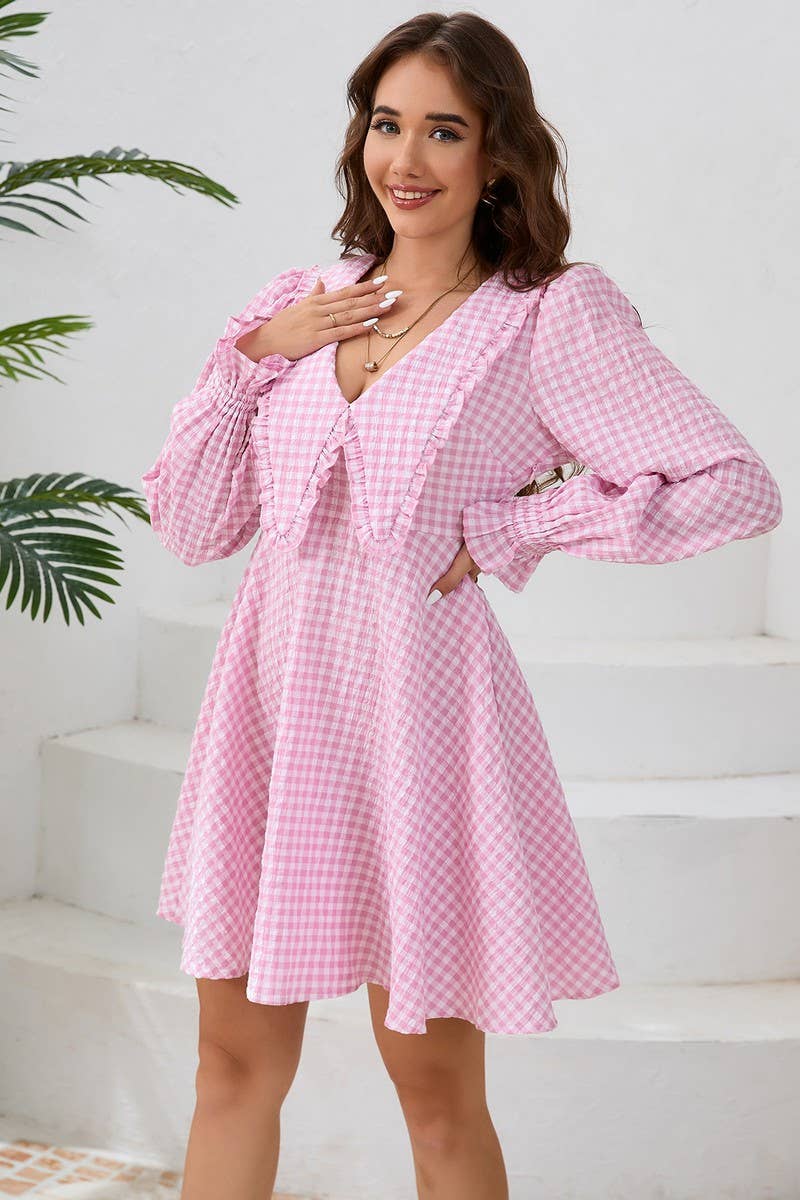 CWDSD6462_LARGE LAPEL WIDE HEM LONG SLEEVE PLAID DRESS