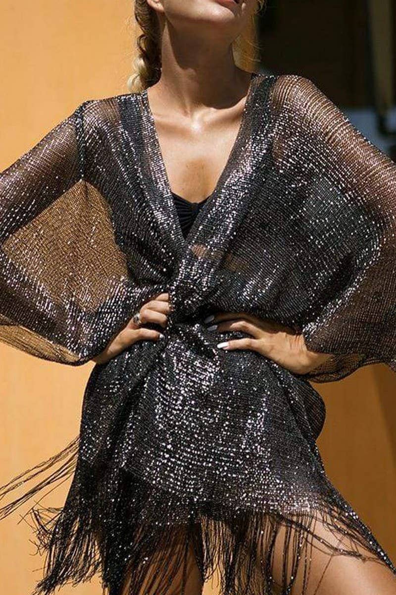 CWTBLL3669_SILVER RIBBON SLEEVES SLIT SHAWL BEACH COVER-UP