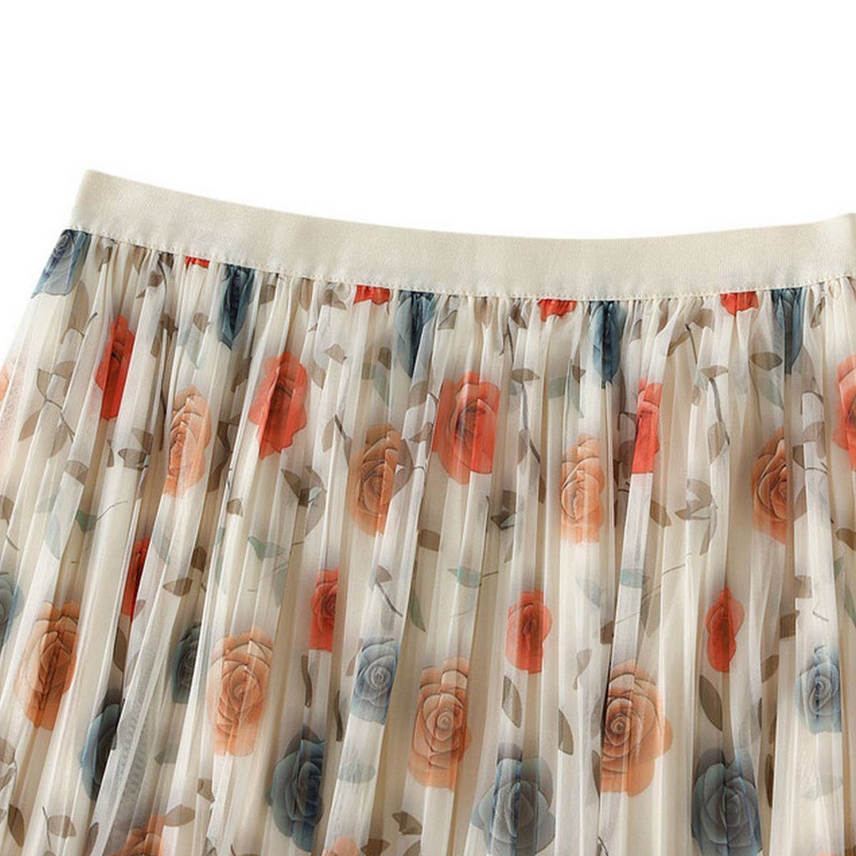 Reversible Rose Print Tulle Pleated Maxi Skirt