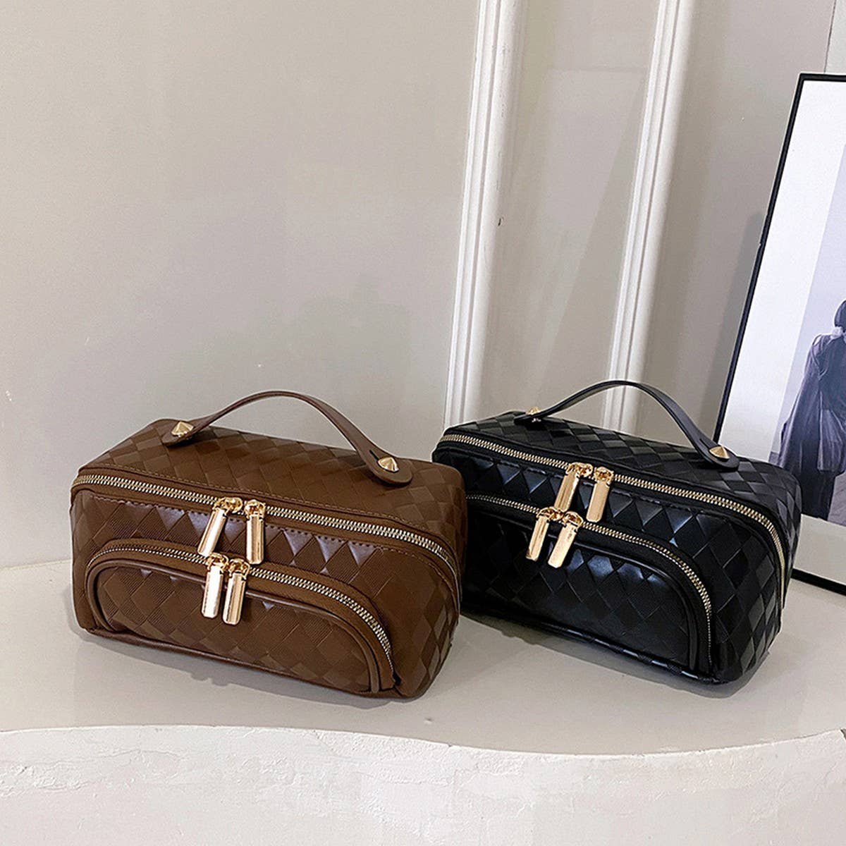 NEW PU LEATHER DIAMOND PATTERN COSMETIC BAG_CWAB4424