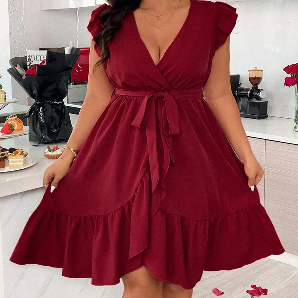 V-Neck Solid Color Tie Waist Ruffle Sleeve Dress