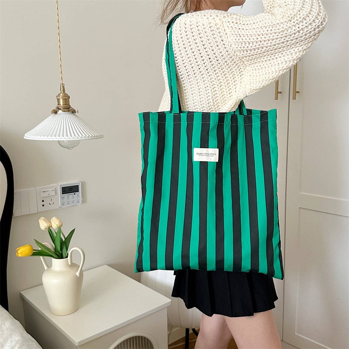 CWAB5814_FASHION STRIPED LARGE CAPACITY SIMPLE CANVAS BAG