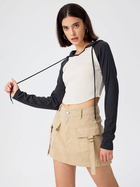 HOODED PATCHWORK COLOR IRREGULAR SLIM-FIT T-SHIRT