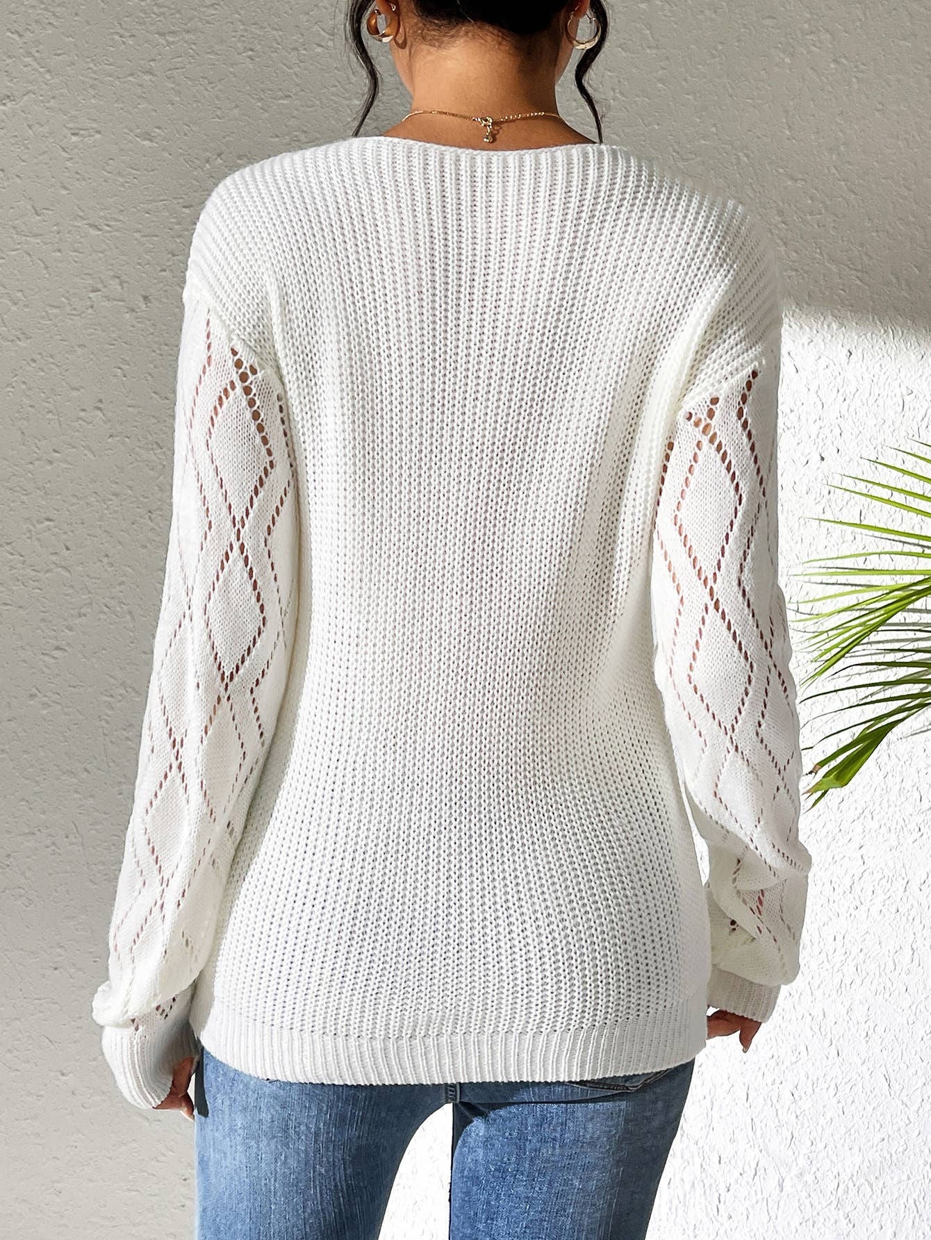 LACE V-NECK PATCHWORK COLOR PULLOVER SWEATER