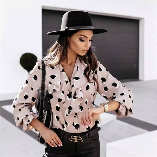 V-NECK BUTTON-DOWN LONG-SLEEVED PRINTED SHIRT