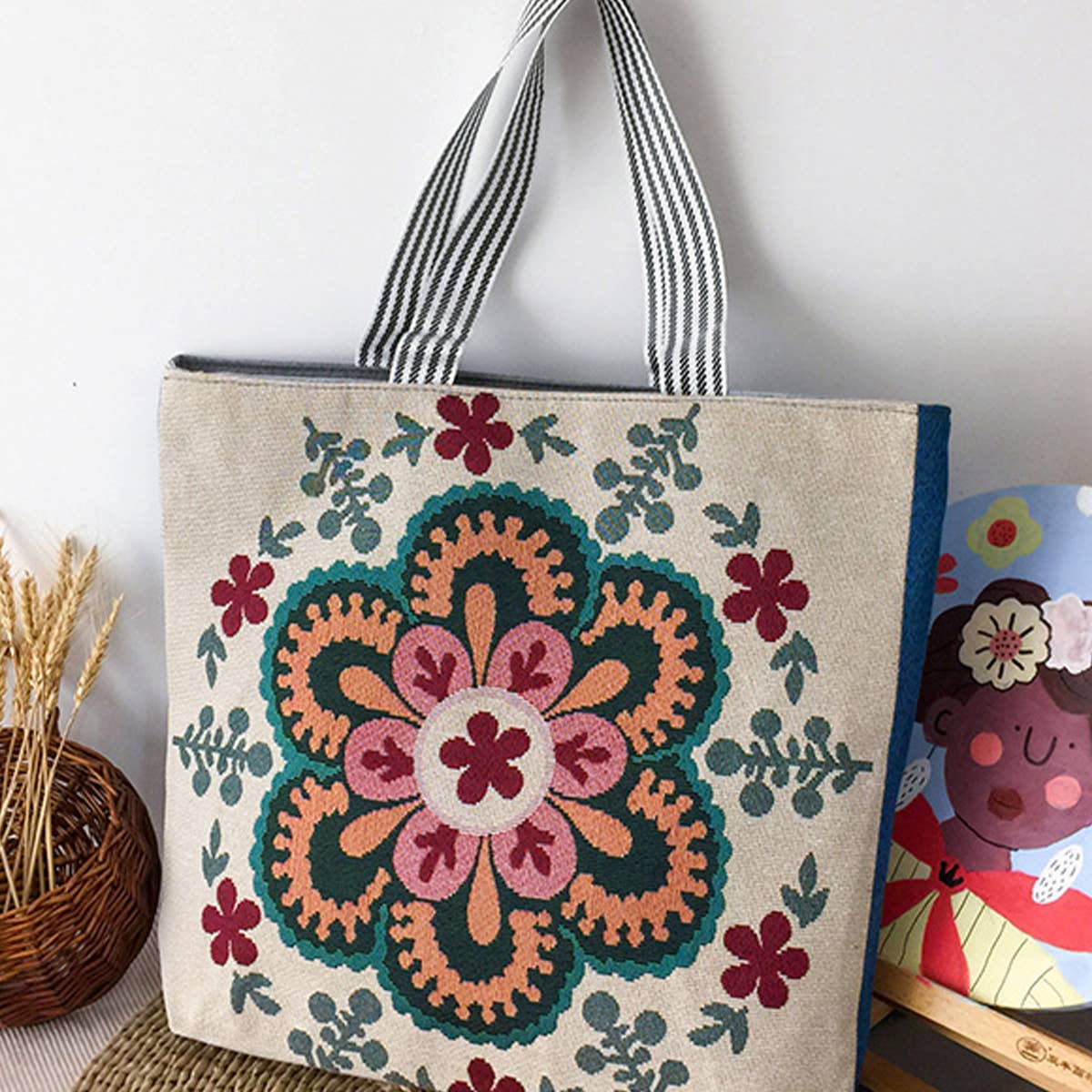 RETRO EMBROIDERED CANVAS SHOULDER BAG TOTE BAG_CWAB1672