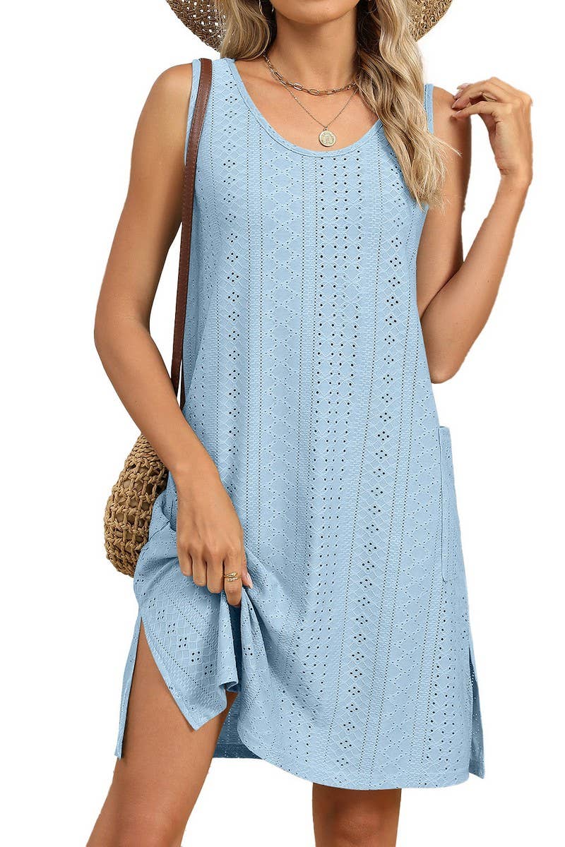 CWDSD7404_ROUND NECK LOOSE SLEEVELESS SOLID COLOR DRESS