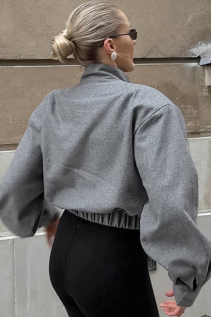 CWOCO1115_GREY SHORT WOOLEN COAT WITH SMALL STAND COLLAR