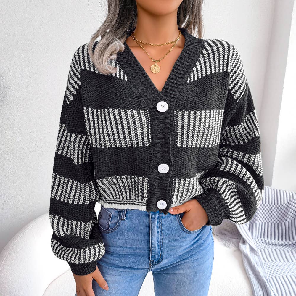 Striped lantern sleeve cardigan jacket