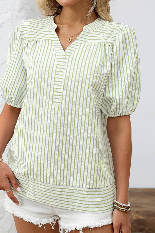 Cwtbls1814_Summer V-Neck Puff Sleeve Striped Shirt