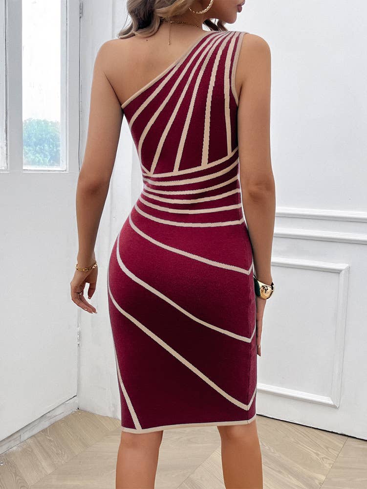 STRIPED SLANT SHOULDER DRESS WITH HIP SPLIT