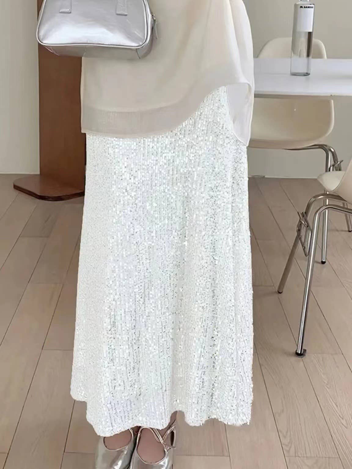 Sequined high-waisted inner elastic drape skirt