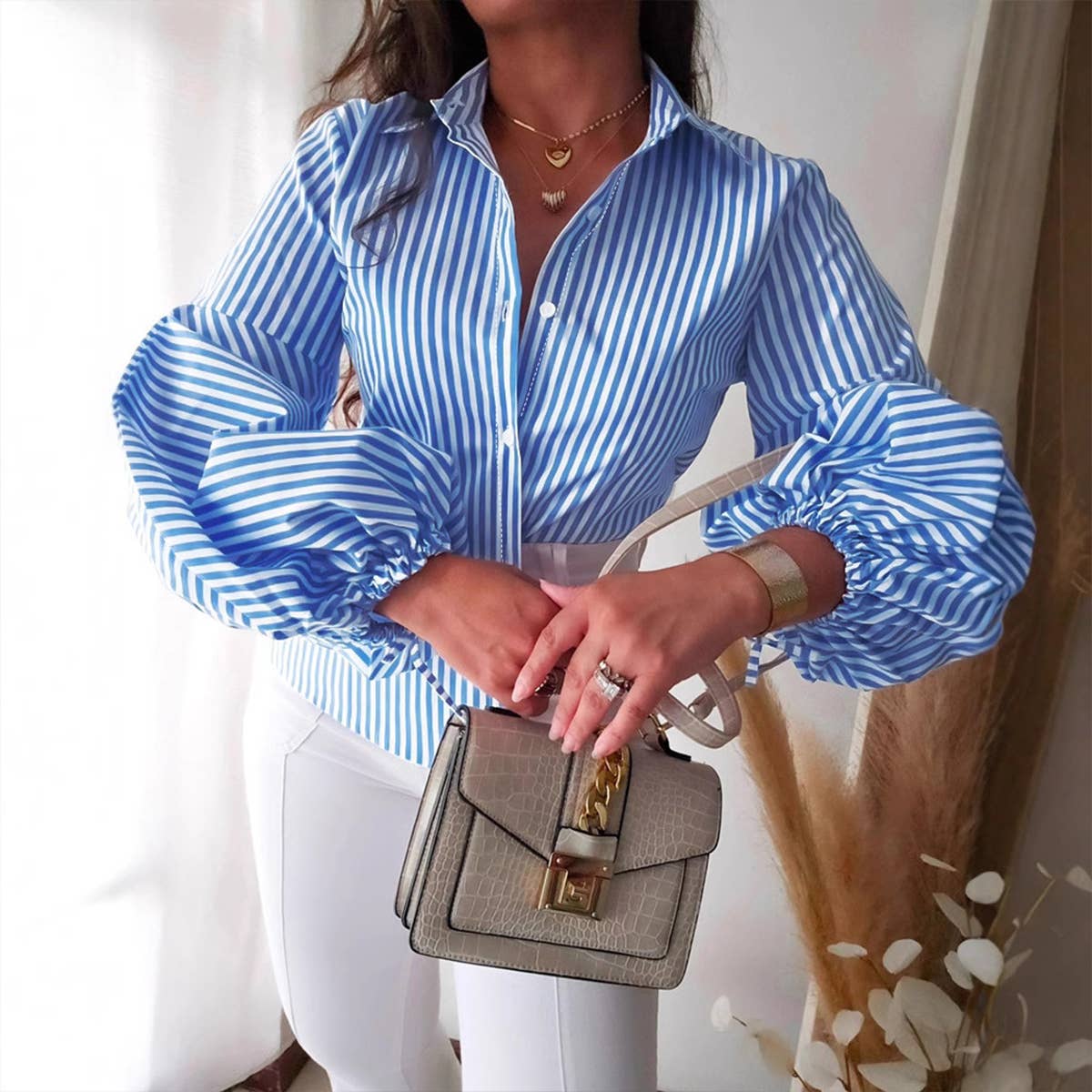 LIGHT BLUE STRIPED LANTERN SLEEVE SLIM-FIT SHIRT