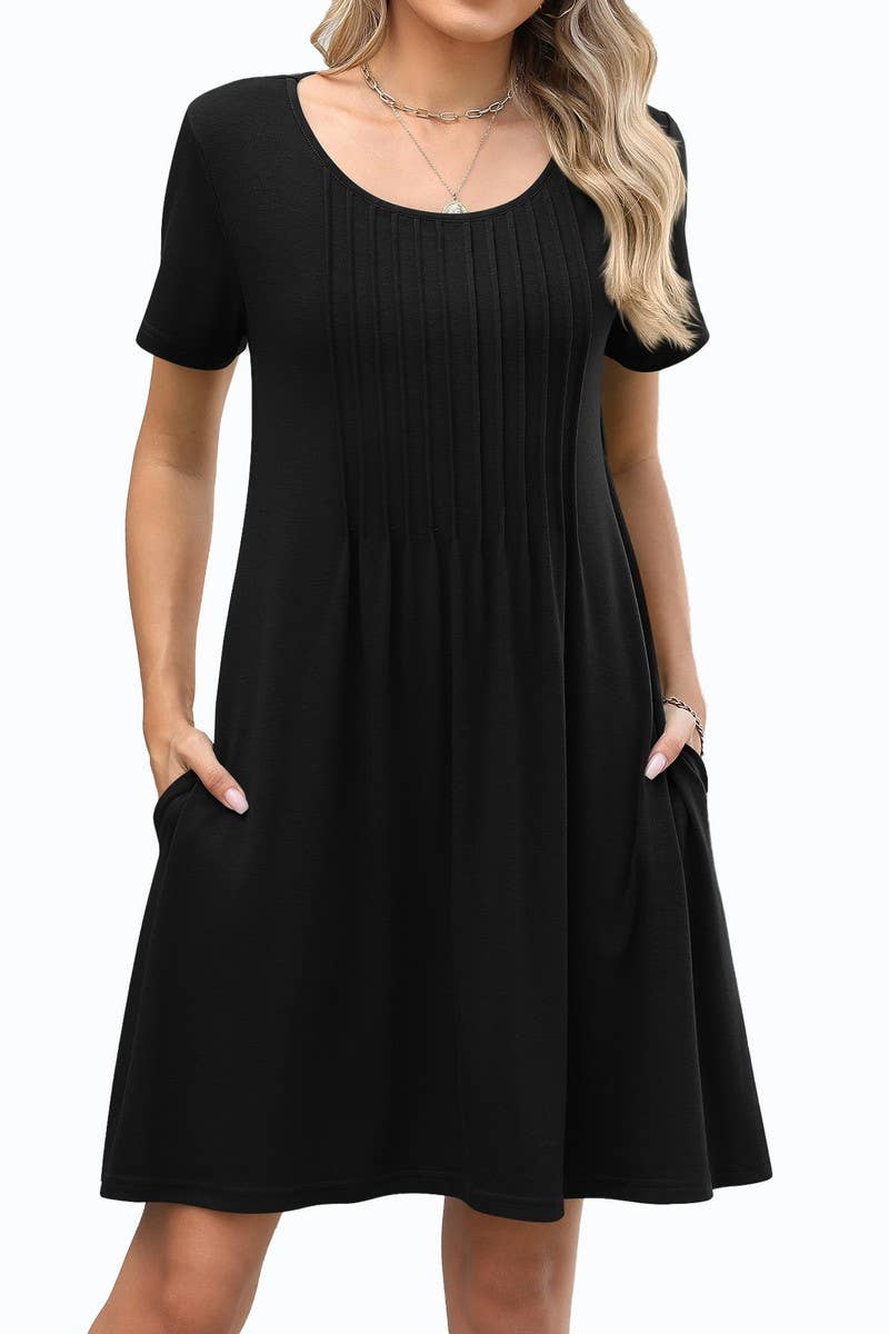 CWDSD8722_SOLID CREW NECK POCKET SHORT SLEEVE DRESS