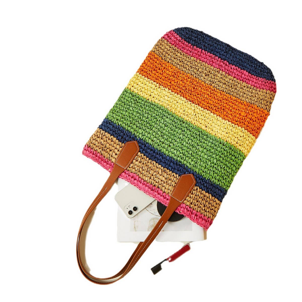 FASHIONABLE STRIPED COLOR BLOCK BEACH CROCHET BAG_CWAB1968